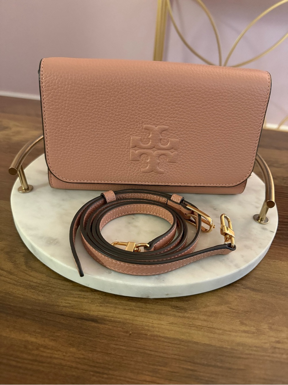 Tory Burch Thea Flat Wallet Pink Pebbled Leather Crossbody with Gold Hardware